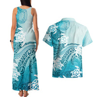 Polynesia Turtle Couples Matching Tank Maxi Dress and Hawaiian Shirt Watercolor Abstract Style