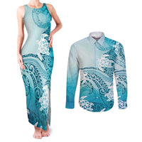 Polynesia Turtle Couples Matching Tank Maxi Dress and Long Sleeve Button Shirt Watercolor Abstract Style