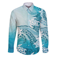 Polynesia Turtle Family Matching Off The Shoulder Long Sleeve Dress and Hawaiian Shirt Watercolor Abstract Style LT7 Dad's Shirt - Long Sleeve Blue - Polynesian Pride