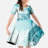 Polynesia Turtle Family Matching Short Sleeve Bodycon Dress and Hawaiian Shirt Watercolor Abstract Style LT7 Daughter's Dress Blue - Polynesian Pride