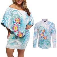 Sea Blue Polynesian Jellyfish Couples Matching Off Shoulder Short Dress and Long Sleeve Button Shirt Watercolor Glows - Polynesian Pride