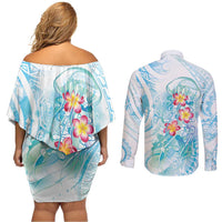 Sea Blue Polynesian Jellyfish Couples Matching Off Shoulder Short Dress and Long Sleeve Button Shirt Watercolor Glows - Polynesian Pride