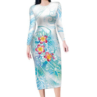Sea Blue Polynesian Jellyfish Family Matching Long Sleeve Bodycon Dress and Hawaiian Shirt Watercolor Glows - Polynesian Pride
