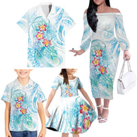Sea Blue Polynesian Jellyfish Family Matching Off The Shoulder Long Sleeve Dress and Hawaiian Shirt Watercolor Glows - Polynesian Pride