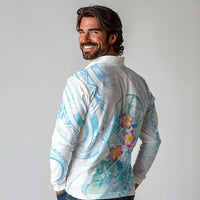 Sea Blue Polynesian Jellyfish Long Sleeve Polo Shirt Watercolor Glows - Polynesian Pride