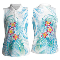 Sea Blue Polynesian Jellyfish Women Sleeveless Polo Shirt Watercolor Glows - Polynesian Pride