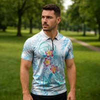 Sea Blue Polynesian Jellyfish Zipper Polo Shirt Watercolor Glows - Polynesian Pride