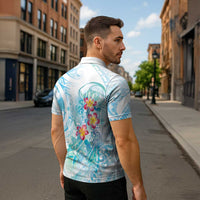Sea Blue Polynesian Jellyfish Zipper Polo Shirt Watercolor Glows - Polynesian Pride