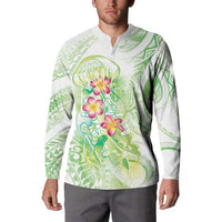 Summer Green Polynesian Jellyfish Button Sweatshirt Watercolor Glows - Polynesian Pride
