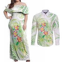 Summer Green Polynesian Jellyfish Couples Matching Off Shoulder Maxi Dress and Long Sleeve Button Shirt Watercolor Glows - Polynesian Pride