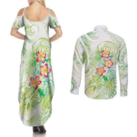 Summer Green Polynesian Jellyfish Couples Matching Summer Maxi Dress and Long Sleeve Button Shirt Watercolor Glows - Polynesian Pride
