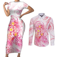 Rose Pink Polynesian Jellyfish Couples Matching Short Sleeve Bodycon Dress and Long Sleeve Button Shirt Watercolor Glows - Polynesian Pride