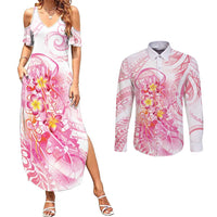 Rose Pink Polynesian Jellyfish Couples Matching Summer Maxi Dress and Long Sleeve Button Shirt Watercolor Glows - Polynesian Pride