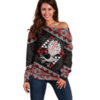 Taniko Aotearoa Off Shoulder Sweater Poutama Mix Piwakawaka