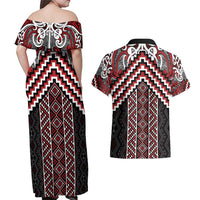 Maori Tukutuku Taniko Motifs Couples Matching Off Shoulder Maxi Dress and Hawaiian Shirt Red Poutama Mix Kowhaiwhai