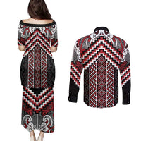 Maori Tukutuku Taniko Motifs Couples Matching Puletasi and Long Sleeve Button Shirt Red Poutama Mix Kowhaiwhai