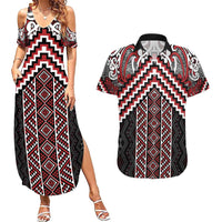 Maori Tukutuku Taniko Motifs Couples Matching Summer Maxi Dress and Hawaiian Shirt Red Poutama Mix Kowhaiwhai