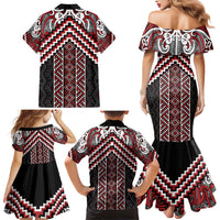 Maori Tukutuku Taniko Motifs Family Matching Mermaid Dress and Hawaiian Shirt Red Poutama Mix Kowhaiwhai