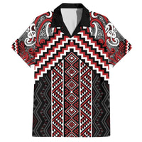 Maori Tukutuku Taniko Motifs Family Matching Off The Shoulder Long Sleeve Dress and Hawaiian Shirt Red Poutama Mix Kowhaiwhai