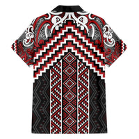 Maori Tukutuku Taniko Motifs Family Matching Off The Shoulder Long Sleeve Dress and Hawaiian Shirt Red Poutama Mix Kowhaiwhai