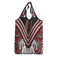 Maori Tukutuku Taniko Motifs Grocery Bag Red Poutama Mix Kowhaiwhai