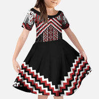 Maori Tukutuku Taniko Motifs Kid Short Sleeve Dress Red Poutama Mix Kowhaiwhai