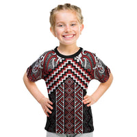 Maori Tukutuku Taniko Motifs Kid T Shirt Red Poutama Mix Kowhaiwhai