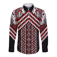 Maori Tukutuku Taniko Motifs Long Sleeve Button Shirt Red Poutama Mix Kowhaiwhai