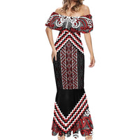 Maori Tukutuku Taniko Motifs Mermaid Dress Red Poutama Mix Kowhaiwhai