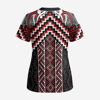 Maori Tukutuku Taniko Motifs Scrub Top Red Poutama Mix Kowhaiwhai - Polynesian Pride