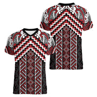 Maori Tukutuku Taniko Motifs Women V-Neck T-Shirt Red Poutama Mix Kowhaiwhai