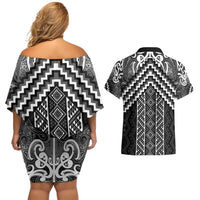 Maori Tukutuku Taniko Motifs Couples Matching Off Shoulder Short Dress and Hawaiian Shirt Black Poutama Mix Kowhaiwhai