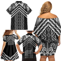 Maori Tukutuku Taniko Motifs Family Matching Off Shoulder Short Dress and Hawaiian Shirt Black Poutama Mix Kowhaiwhai