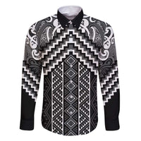 Maori Tukutuku Taniko Motifs Family Matching Tank Maxi Dress and Hawaiian Shirt Black Poutama Mix Kowhaiwhai LT7 Dad's Shirt - Long Sleeve Black - Polynesian Pride