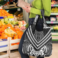 Maori Tukutuku Taniko Motifs Grocery Bag Black Poutama Mix Kowhaiwhai