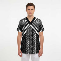 Maori Tukutuku Taniko Motifs Scrub Top Black Poutama Mix Kowhaiwhai - Polynesian Pride