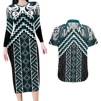 Maori Tukutuku Taniko Motifs Couples Matching Long Sleeve Bodycon Dress and Hawaiian Shirt Teal Poutama Mix Kowhaiwhai