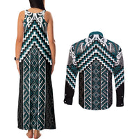 Maori Tukutuku Taniko Motifs Couples Matching Tank Maxi Dress and Long Sleeve Button Shirt Teal Poutama Mix Kowhaiwhai