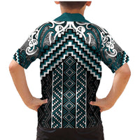 Maori Tukutuku Taniko Motifs Family Matching Mermaid Dress and Hawaiian Shirt Teal Poutama Mix Kowhaiwhai