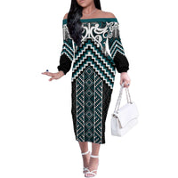 Maori Tukutuku Taniko Motifs Family Matching Off The Shoulder Long Sleeve Dress and Hawaiian Shirt Teal Poutama Mix Kowhaiwhai