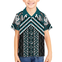 Maori Tukutuku Taniko Motifs Family Matching Off The Shoulder Long Sleeve Dress and Hawaiian Shirt Teal Poutama Mix Kowhaiwhai