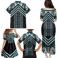 Maori Tukutuku Taniko Motifs Family Matching Puletasi and Hawaiian Shirt Teal Poutama Mix Kowhaiwhai