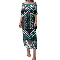 Maori Tukutuku Taniko Motifs Family Matching Puletasi and Hawaiian Shirt Teal Poutama Mix Kowhaiwhai