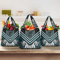 Maori Tukutuku Taniko Motifs Grocery Bag Teal Poutama Mix Kowhaiwhai