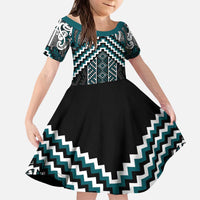 Maori Tukutuku Taniko Motifs Kid Short Sleeve Dress Teal Poutama Mix Kowhaiwhai