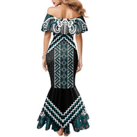 Maori Tukutuku Taniko Motifs Mermaid Dress Teal Poutama Mix Kowhaiwhai