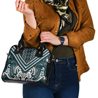 Maori Tukutuku Taniko Motifs Shoulder Handbag Teal Poutama Mix Kowhaiwhai
