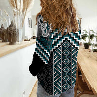 Maori Tukutuku Taniko Motifs Women Casual Shirt Teal Poutama Mix Kowhaiwhai