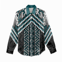 Maori Tukutuku Taniko Motifs Women Casual Shirt Teal Poutama Mix Kowhaiwhai