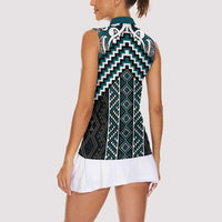 Maori Tukutuku Taniko Motifs Women Sleeveless Polo Shirt Teal Poutama Mix Kowhaiwhai